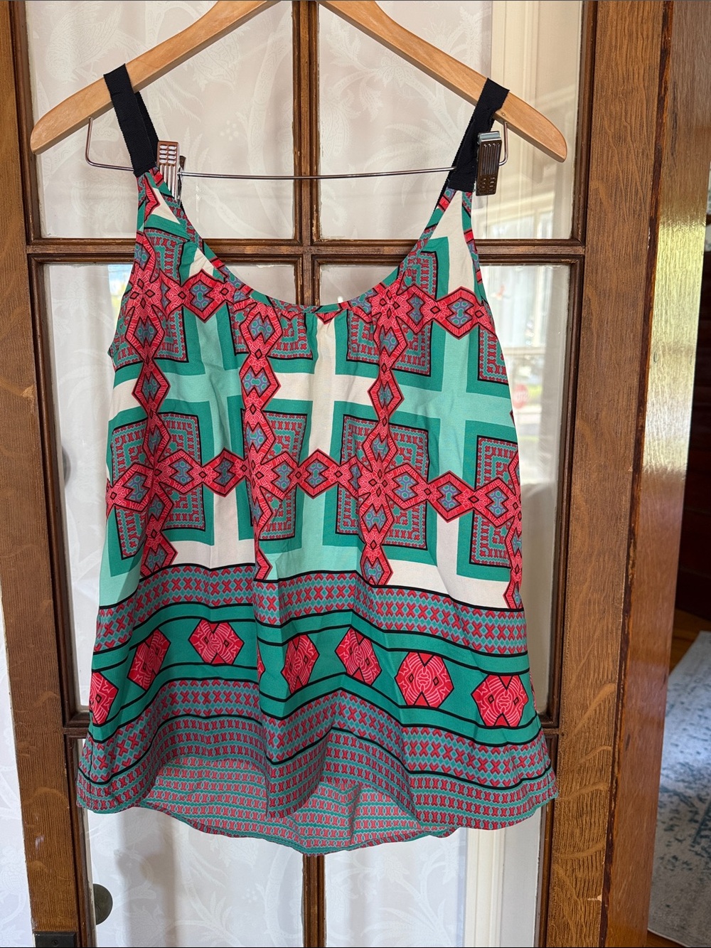 Pixley Geometric Print Camisole in Teal and Coral with Black Straps